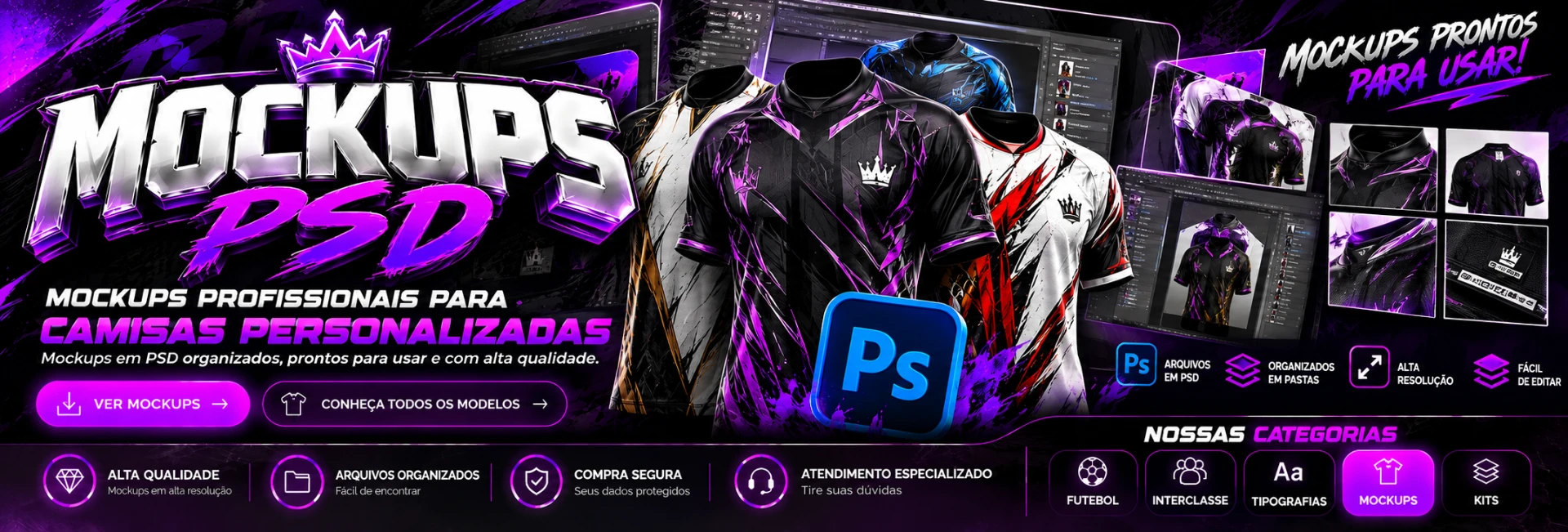 Mockups PSD — mockups profissionais para camisas personalizadas, arquivos em PSD organizados, prontos para usar e com alta qualidade